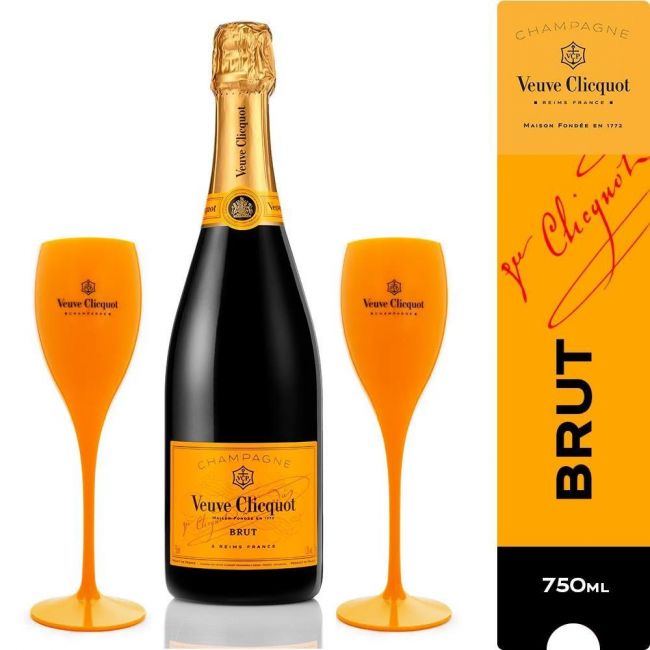 CHAMPAGNE VEUVE CLICQUOT BRUT 750ML + 2 TAÇAS DE PLÁSTICO EXCLUSIVAS 