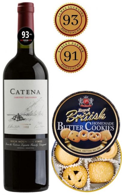 Kit 1 Catena Cabernet Sauvignon 2018 750ml + 1 Lata de Cookies Royal British 114g
