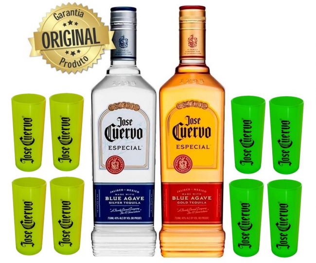 KIT 2 TEQUILAS JOSE CUERVO PRATA E OURO 750 ML + 8 COPOS SHOT