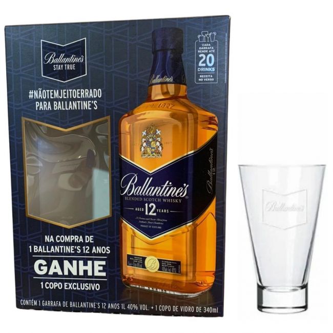 Kit Ballantines Whisky 12 anos Escocês 1L + 1 Copo Personalizado 