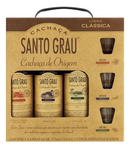 Kit Cachaça Santo Grau Clássicas 375ml + 3 Copos Dose 50ml