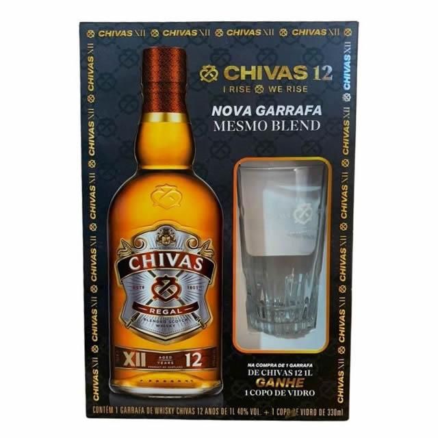 Kit Whisky Chivas Regal 12 anos 1000ml + Copo de Vidro Personalizado