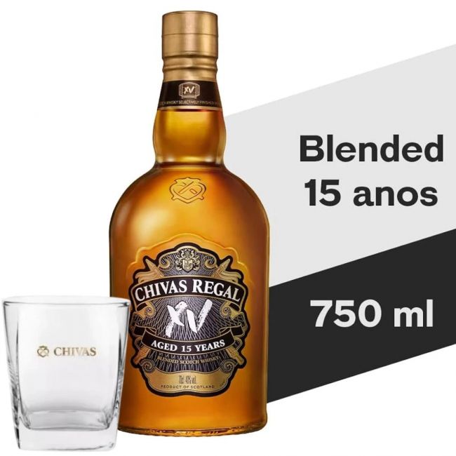 Kit Whisky Chivas Regal XV 15 anos 750ml + Copo de Vidro Personalizado